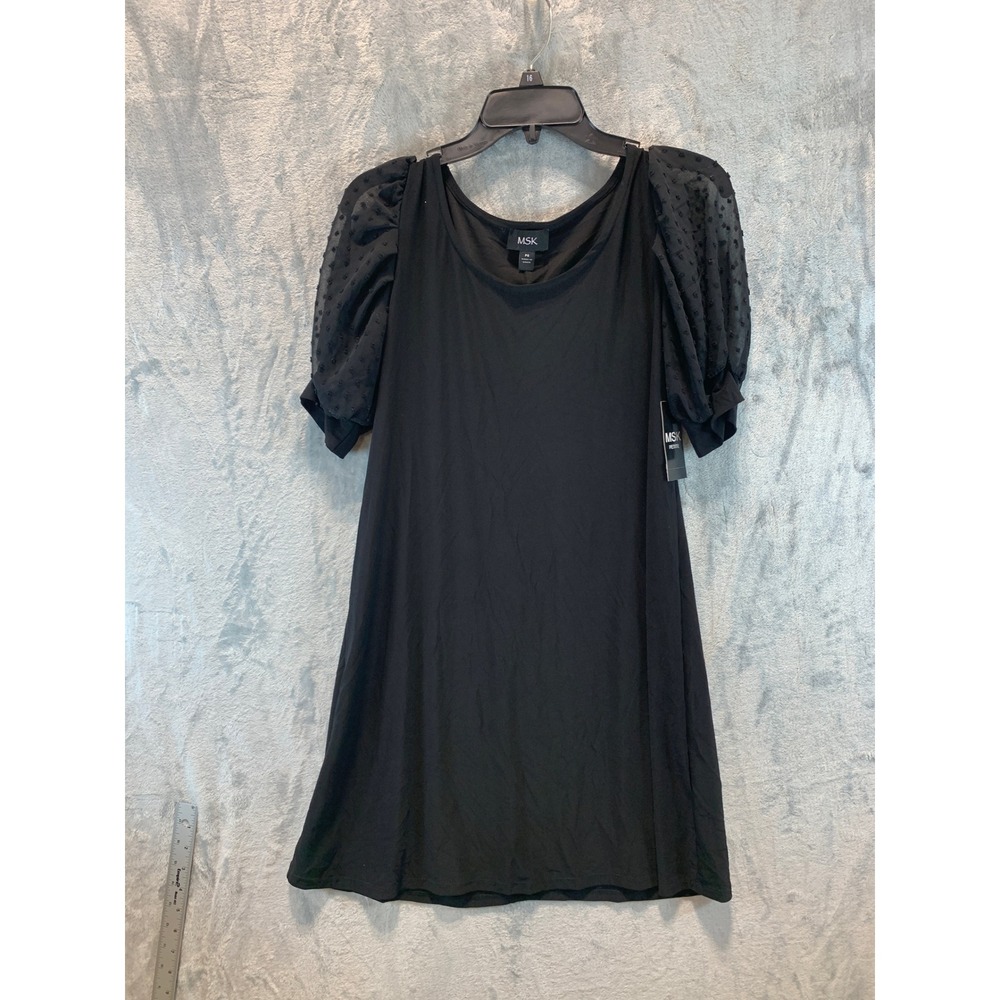 MSK Petite Black Jersey Shift Dress Swiss Dot Puff Sleeve 91723647M PS NEW
